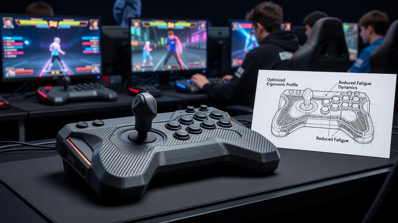Close-up of a custom 3D printed arcade stick grip modification showing ergonomic contours and textured surface for enhanced handling in fighting games