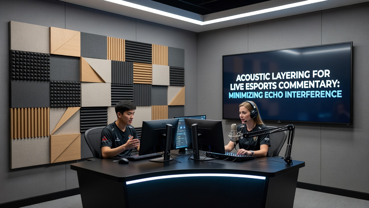 Close-up of layered acoustic panels showing bass trap base, absorption mid-layer, and diffuser top surface in an esports studio