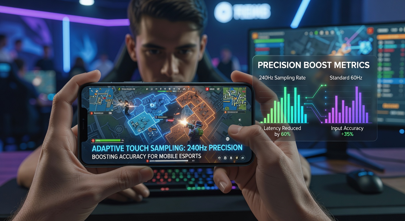 Flagship smartphone screen showing adaptive touch sampling interface during a competitive mobile esports match