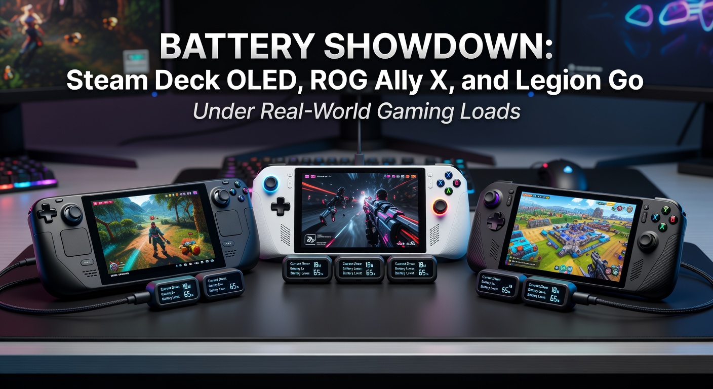 Side-by-side comparison of Steam Deck OLED, ROG Ally X, and Legion Go devices on a testing bench with battery indicators glowing under gaming stress