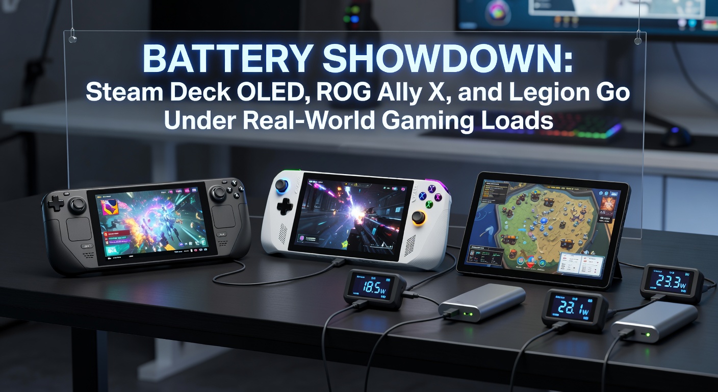 Graph overlay of battery drain curves for Steam Deck OLED (blue), ROG Ally X (red), and Legion Go (green) during a 2-hour Cyberpunk 2077 session