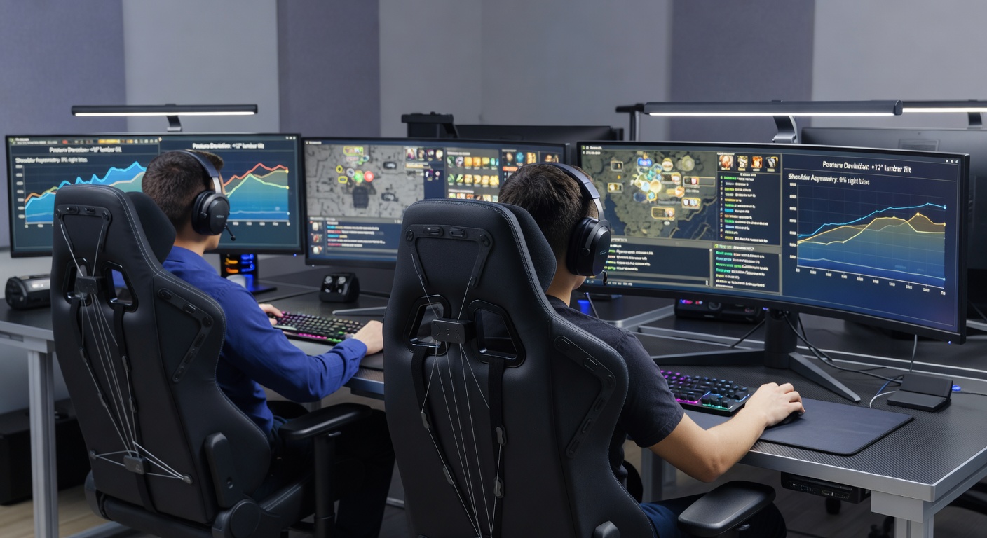 Ergonomic gaming chair with embedded biometric sensor array displaying posture tracking data on a connected monitor during an MMO session