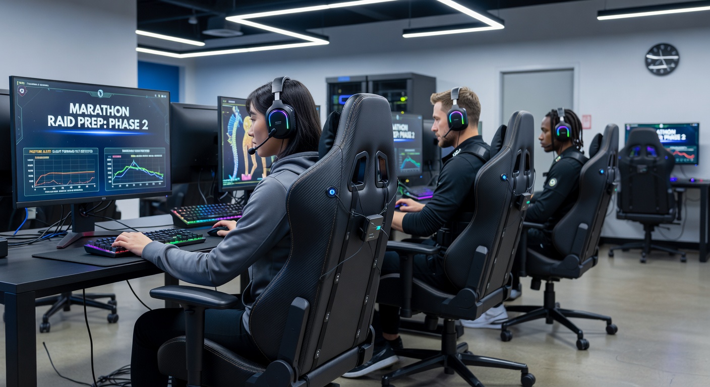 Close-up view of biometric sensors in a chair backrest with overlaid posture analytics during extended MMO gameplay