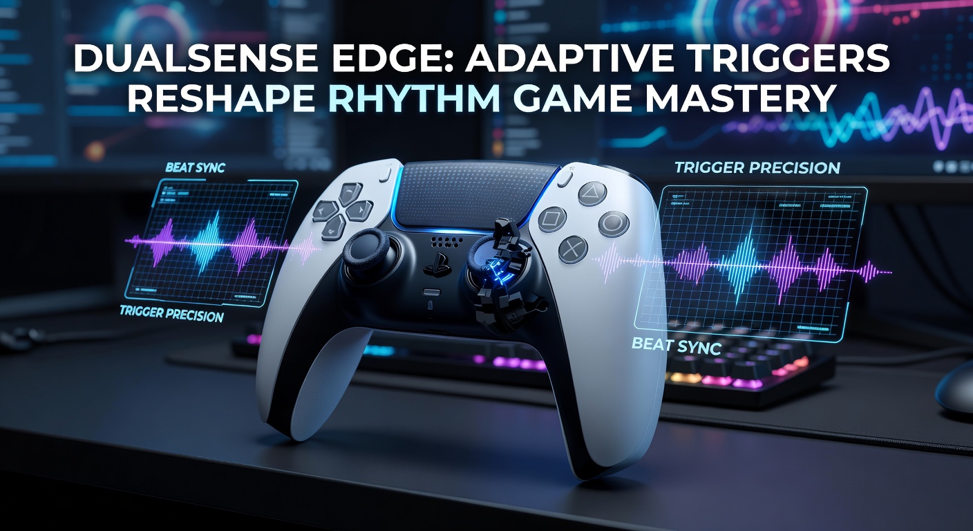Close-up of DualSense Edge controller highlighting adaptive trigger mechanisms during a rhythm game session, showing variable resistance in action
