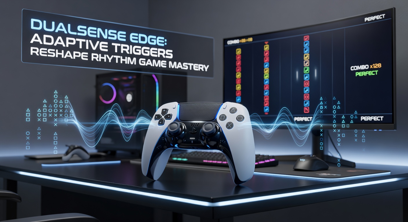 Player intensely engaged in a PS5 rhythm game using DualSense Edge, with adaptive triggers glowing and controller profiles displayed on-screen