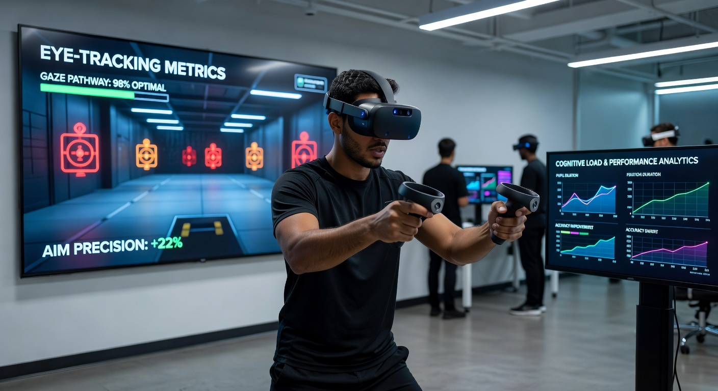 VR headset with integrated eye tracking sensors displaying aim calibration interface in a competitive training module