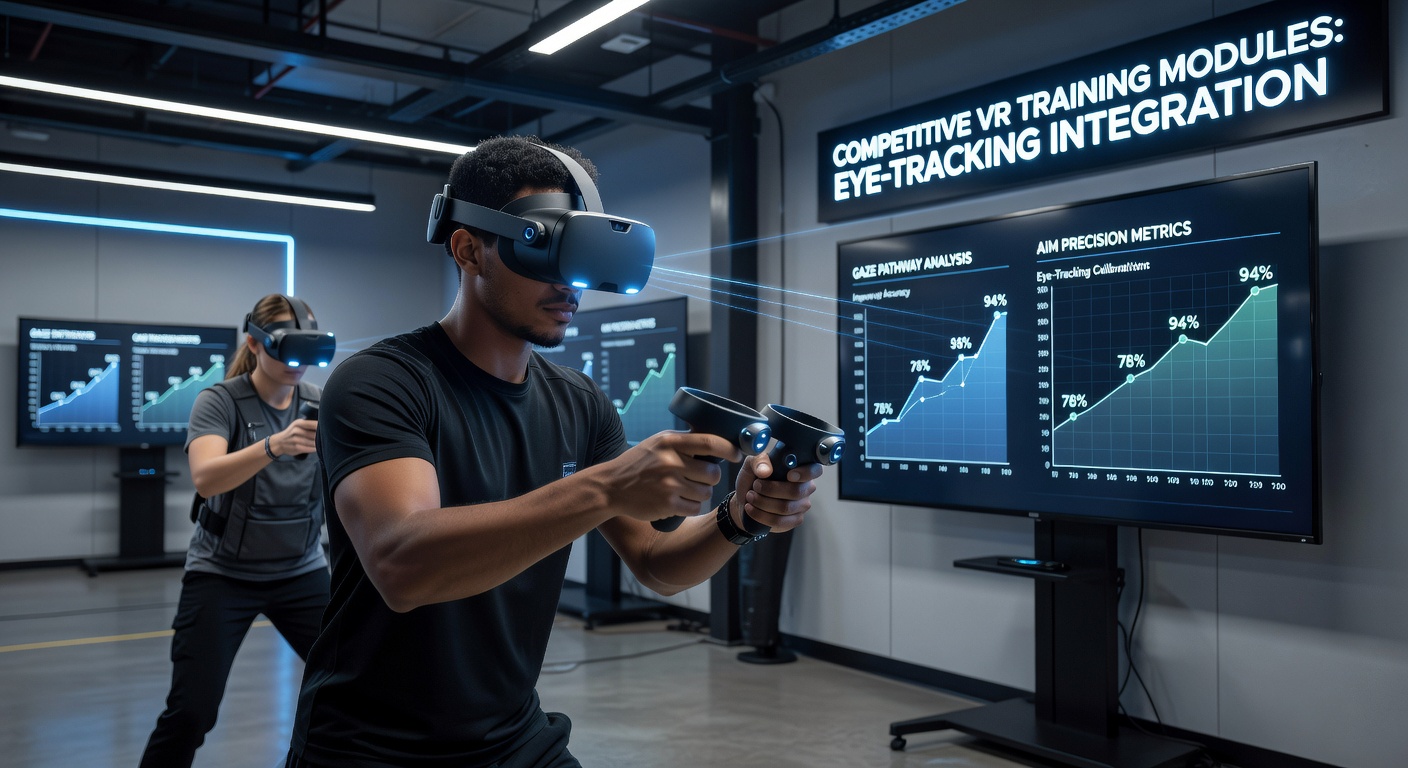 Multiple athletes using VR headsets during a group aim training session with overlaid eye tracking data visualizations