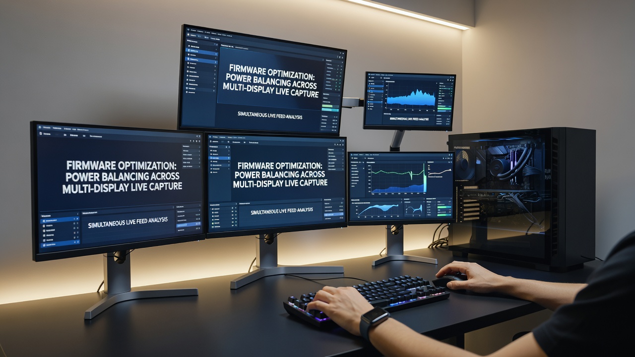 Close view of power distribution across displays during simultaneous capture and mobile esports match