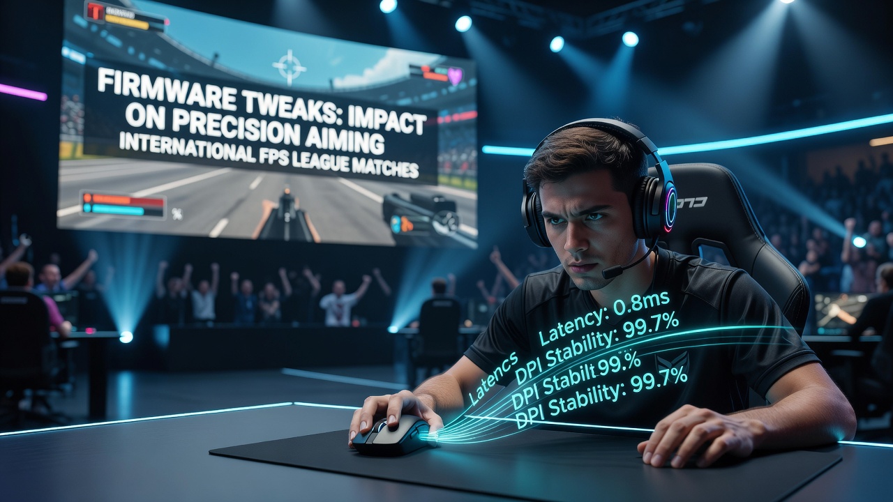 Wireless gaming mouse with firmware update interface displayed on a connected laptop during an esports training session