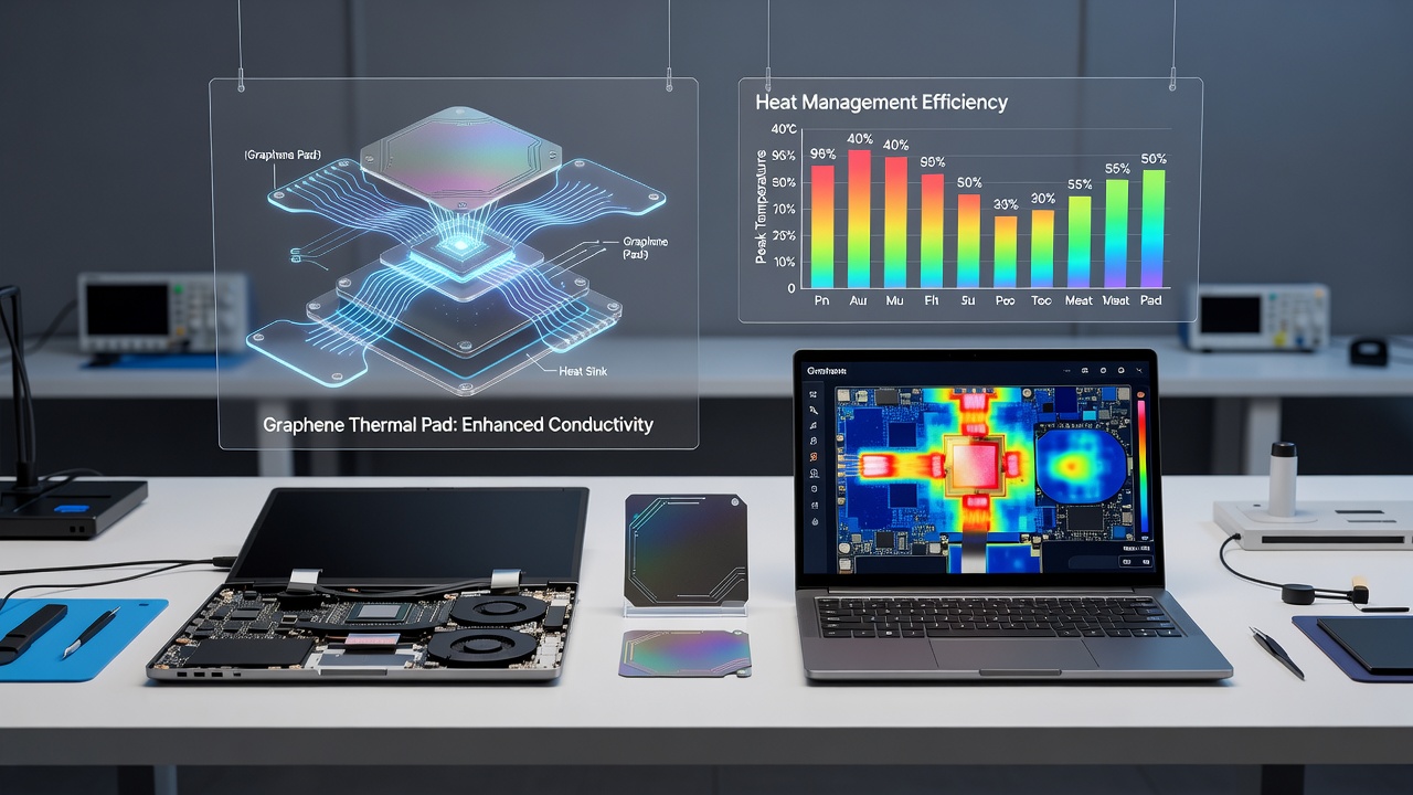 Close-up view of graphene thermal pad installation between vapor chamber and processor die in a slim gaming notebook