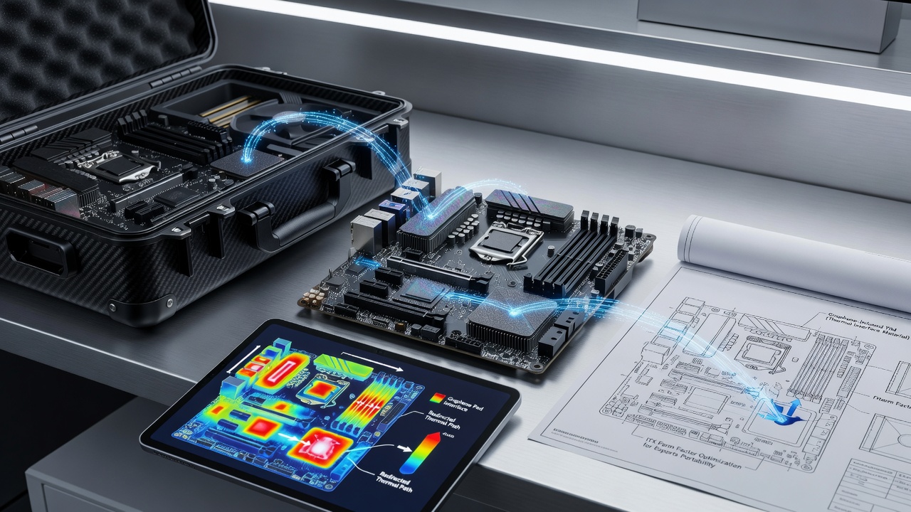 Close-up view of graphene pad application between GPU and chassis panel in a portable esports ITX system