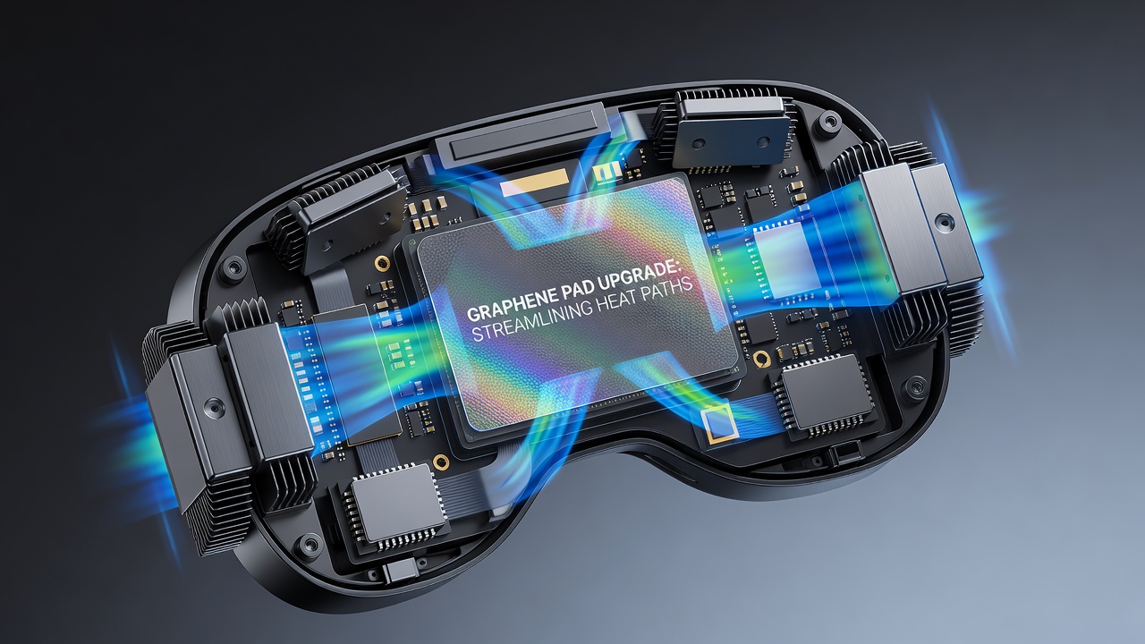 Graphene thermal pads integrated between VR headset processors and compact cooling modules for efficient heat transfer
