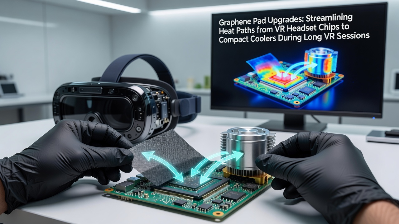 Cross-section view of graphene pad placement optimizing heat flow in VR headset thermal architecture