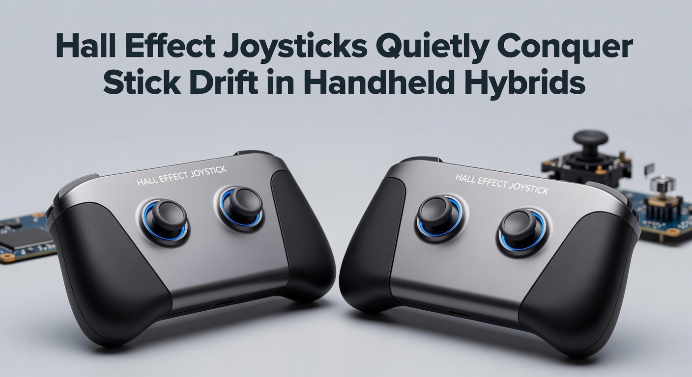 Close-up teardown of a Hall Effect joystick module revealing magnetic sensors and non-contact design in a handheld gaming device