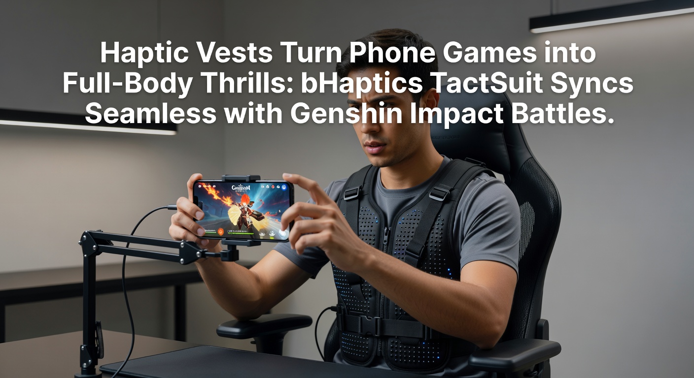 Player wearing bHaptics TactSuit during intense Genshin Impact battle on smartphone, haptic zones lighting up with game impacts