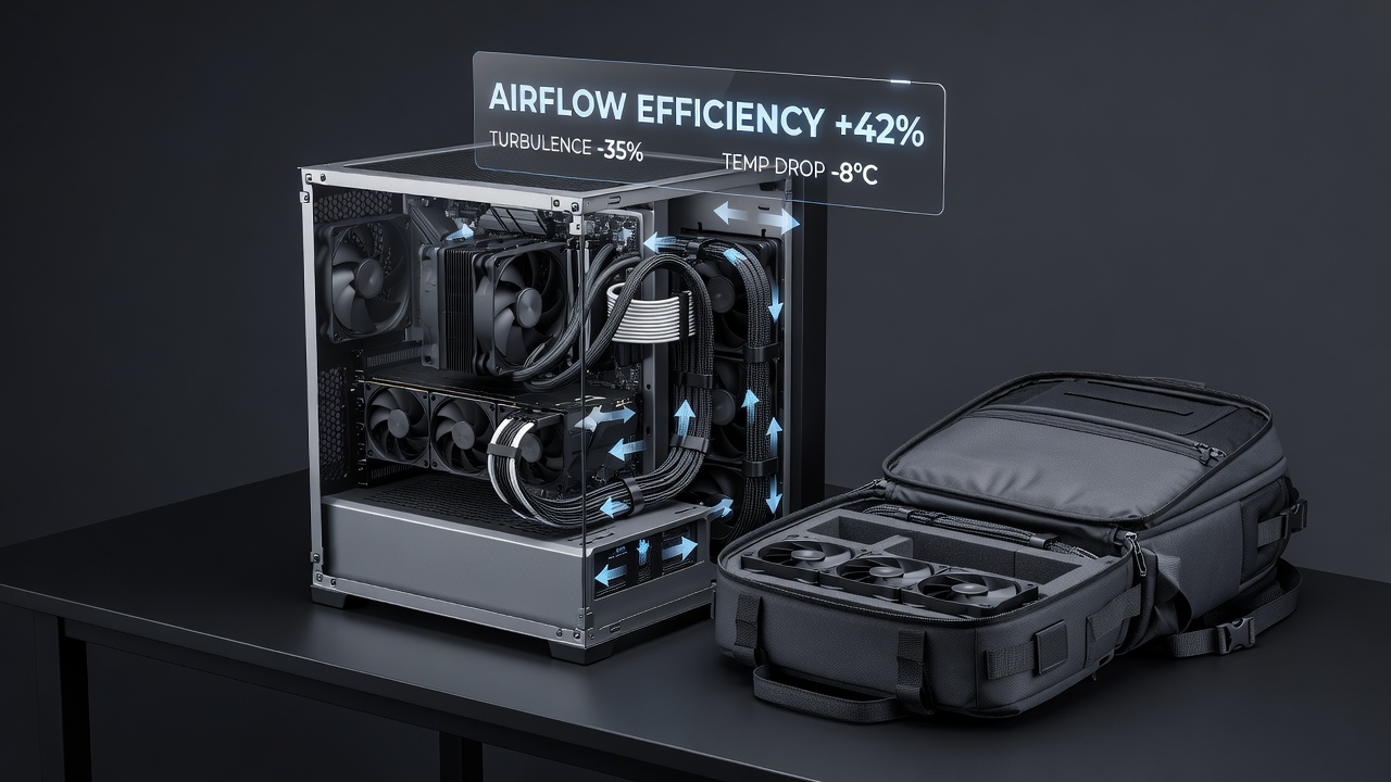 Detailed view of cable routing and ties inside a compact SFF gaming PC chassis showing organized bundles along the side panels