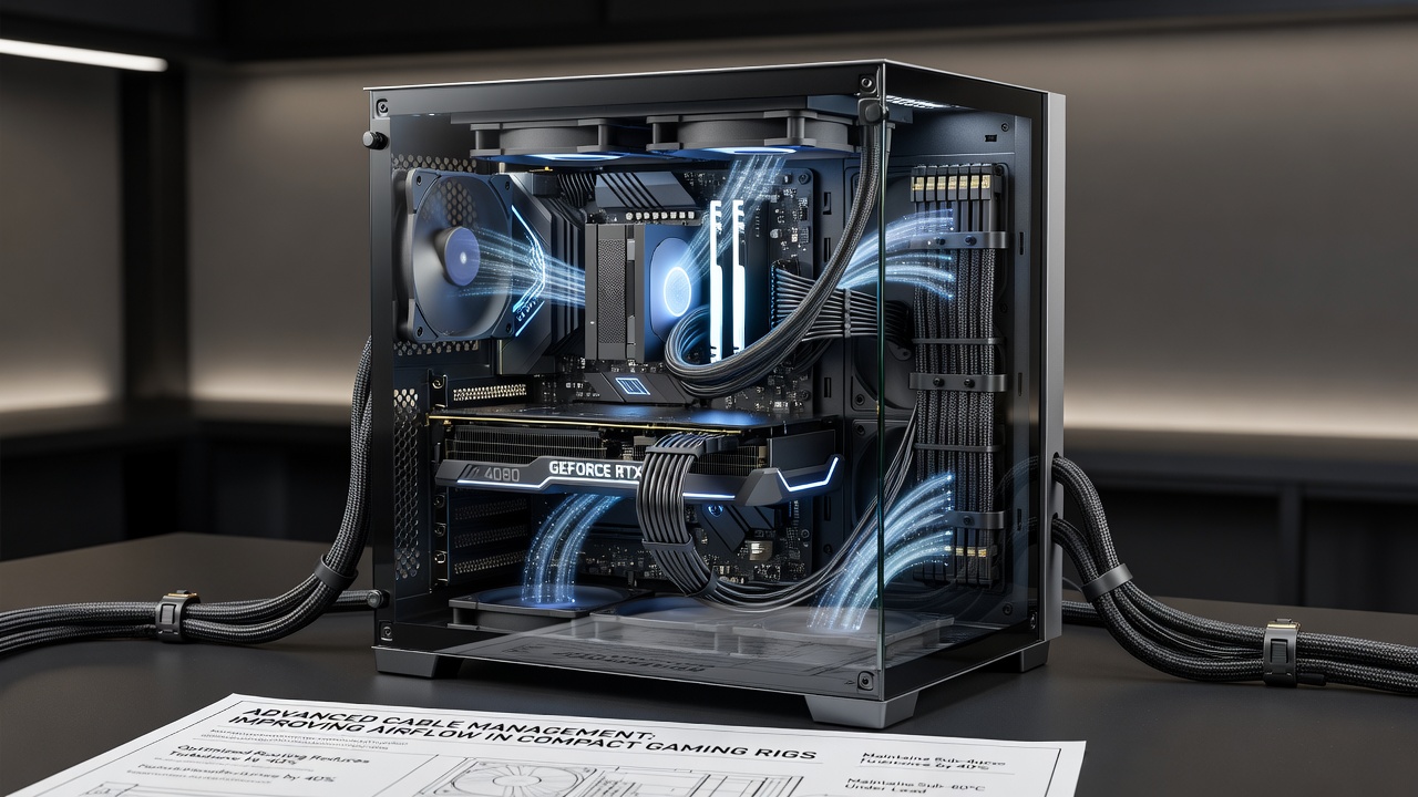 Traveling content creator assembling a compact gaming rig on location with visible cable management features supporting side ventilation