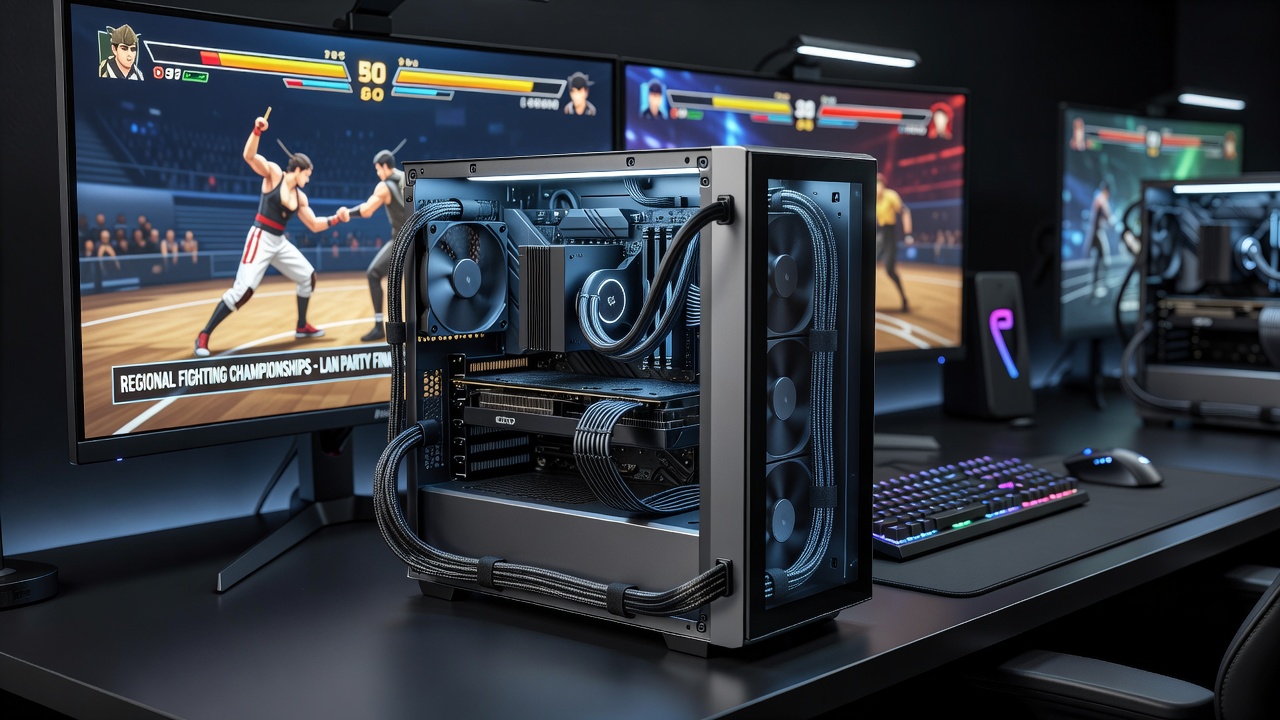 Technician installing modular PSU cables inside a compact fighting game LAN rig with clear airflow paths around components