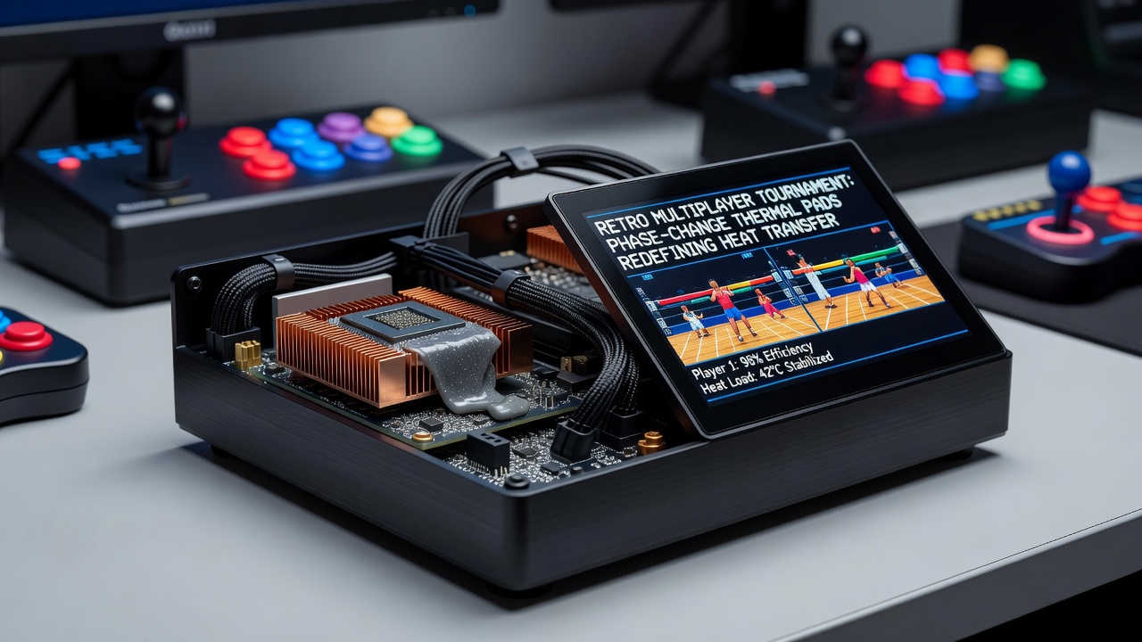 Close-up view of phase-change thermal pads applied to a compact emulation rig motherboard