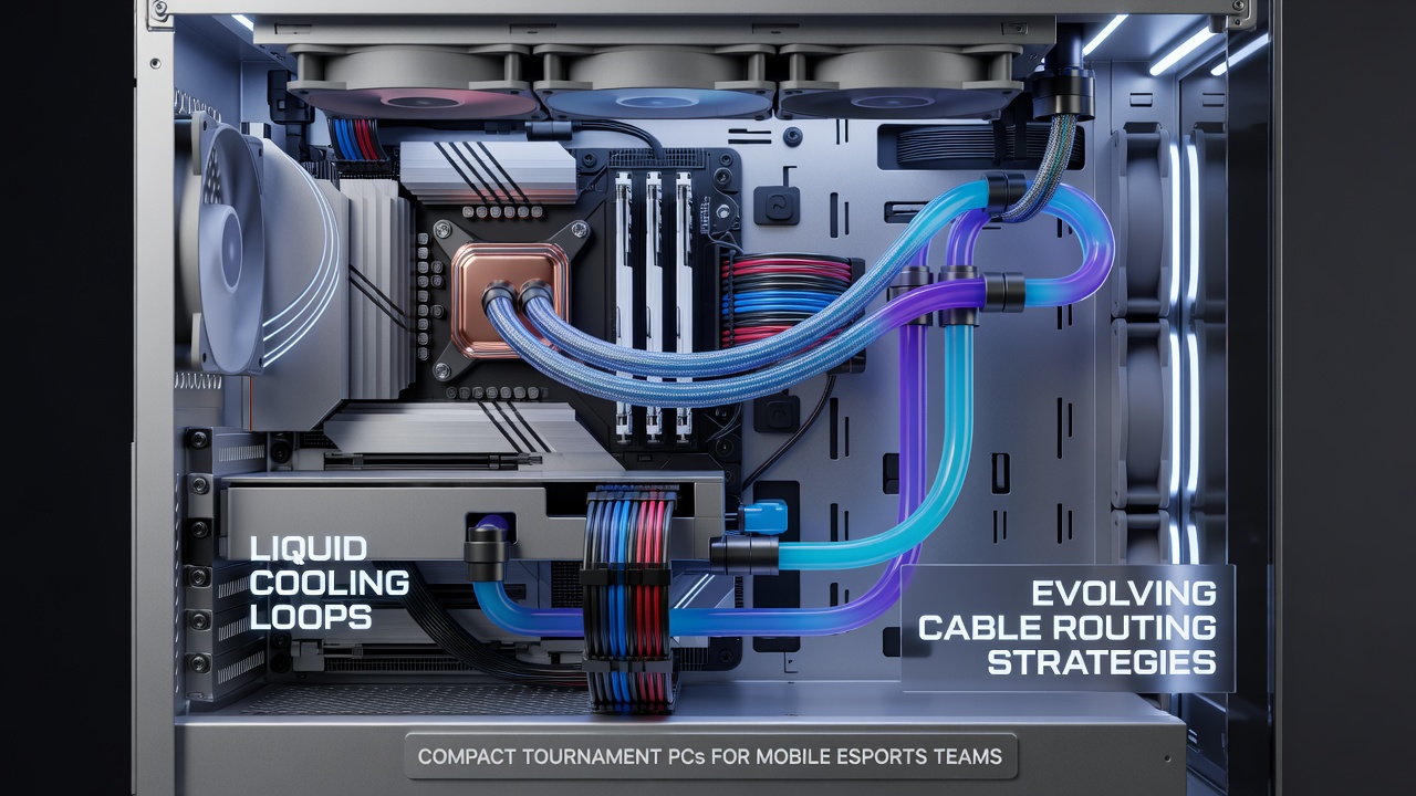 Compact tournament PC with integrated liquid cooling loop and optimized cable routing for esports mobility