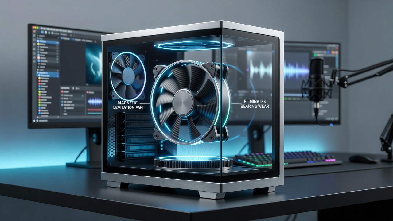 Magnetic levitation fan assembly showing suspended rotor design in a high-performance PC cooling setup