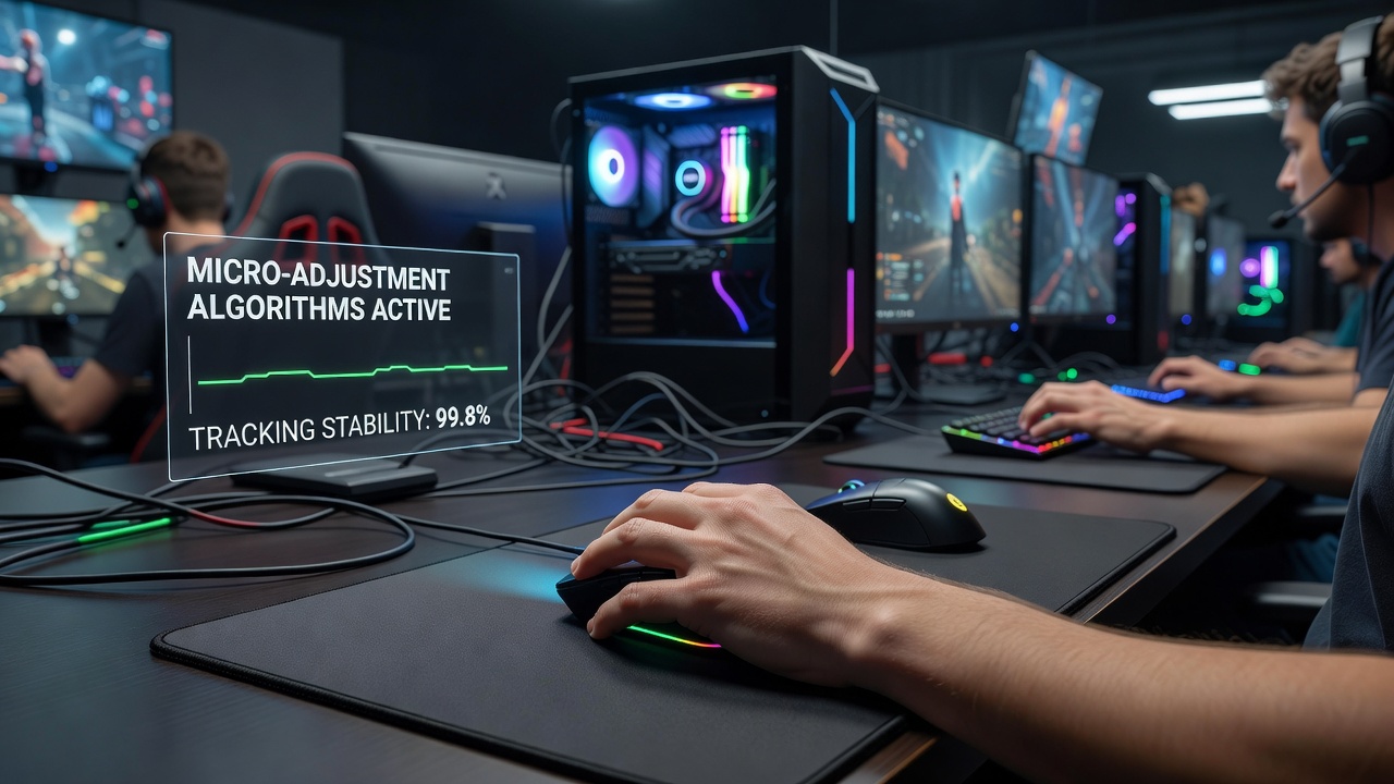 Close-up of sensor calibration process on a wireless mouse at a multi-day gaming event