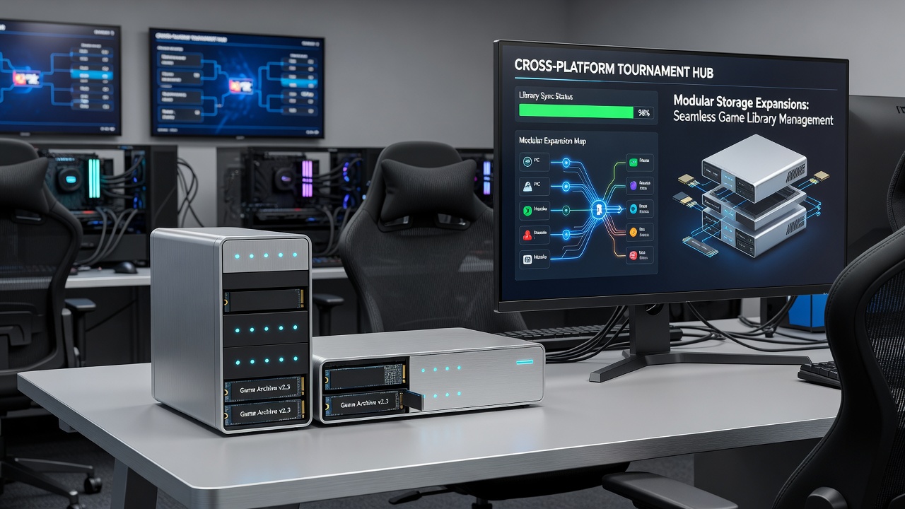 Close-up of modular drive bays in a portable tournament gaming station