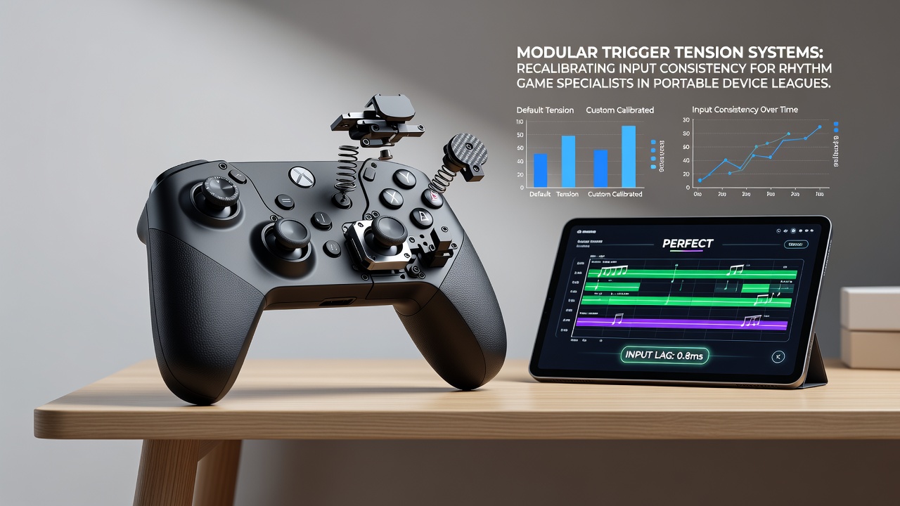 Modular trigger tension systems installed on portable gaming controllers used in rhythm game competitions