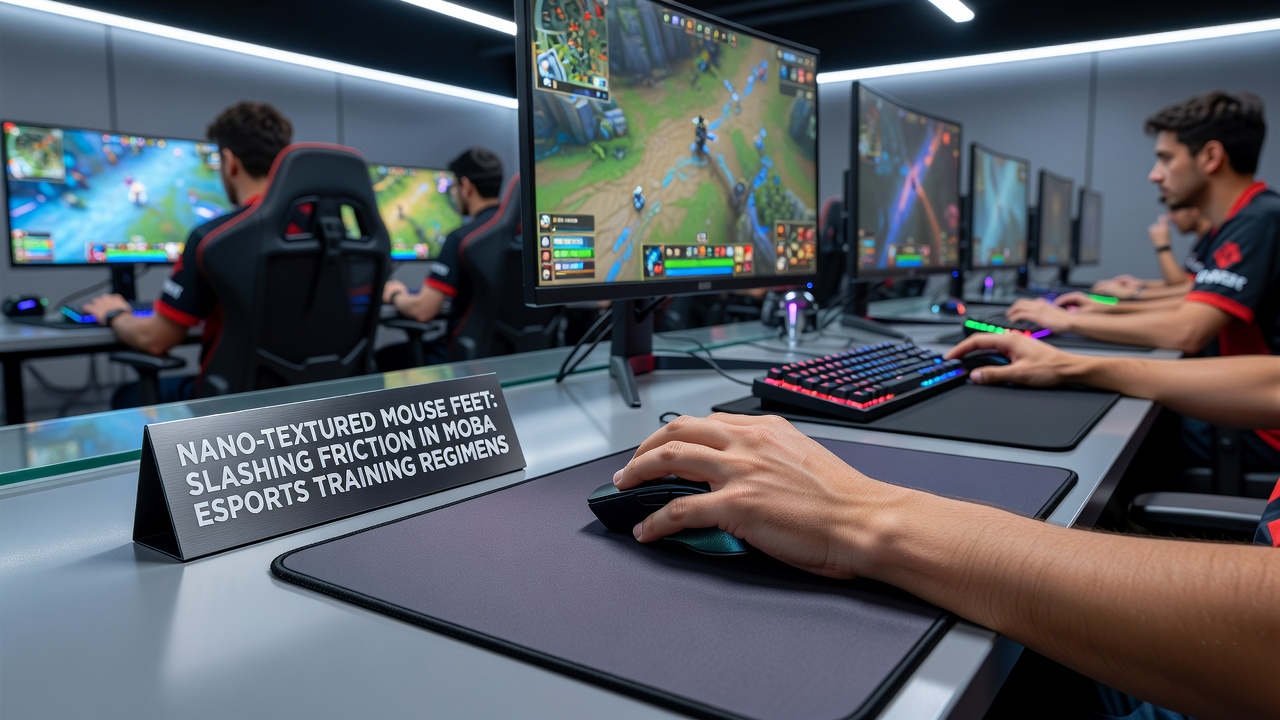 Esports athlete performing MOBA training drills with a mouse equipped with nano-textured feet on a large cloth pad