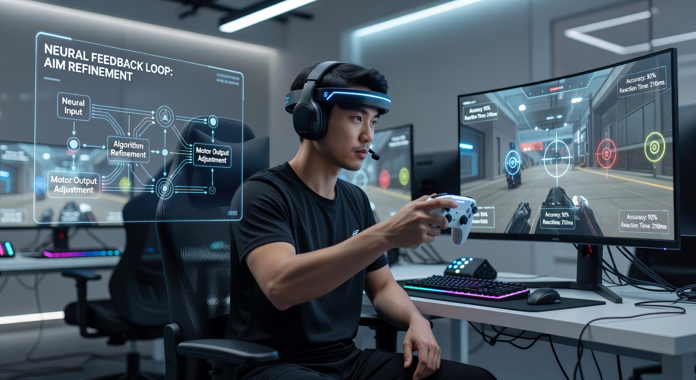 Console esports athlete wearing neural feedback headset during aim training drill