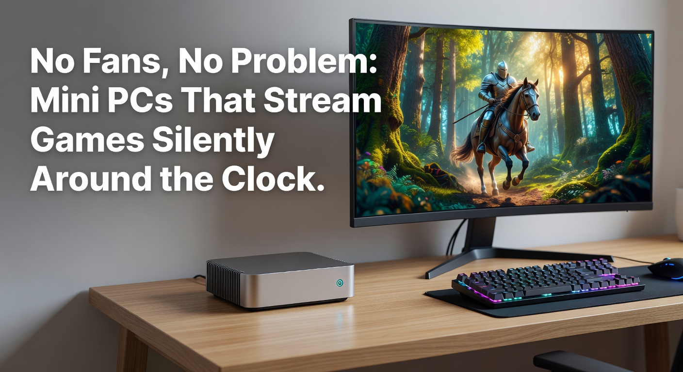 A sleek fanless mini PC setup displaying a high-resolution game stream on a monitor, with no visible noise or heat vents active