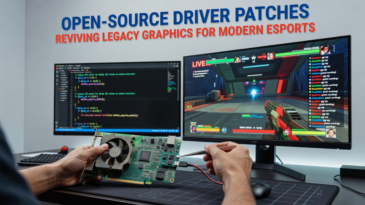 Mid-range PC build showcasing open-source patched legacy GPU during esports match