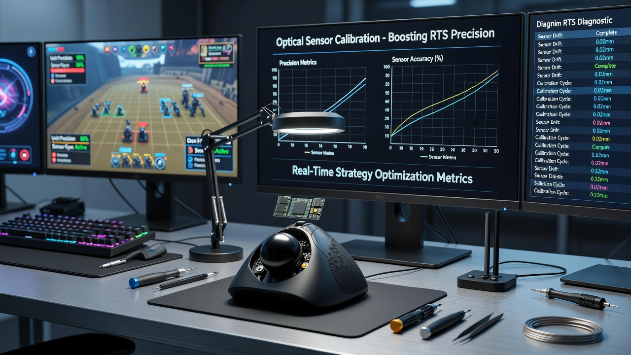 Esports competitor performing optical sensor calibration on trackball device ahead of RTS qualifier match