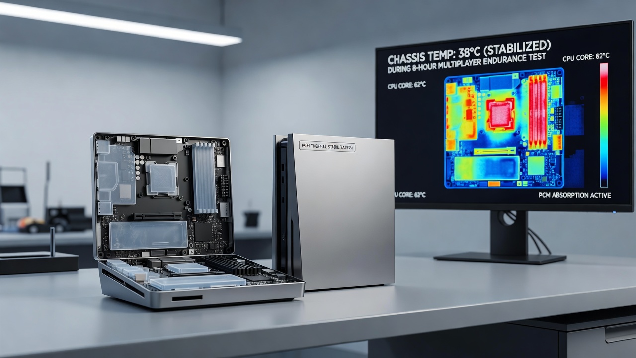 Close-up view of phase change material inserts integrated into a compact console chassis during thermal testing