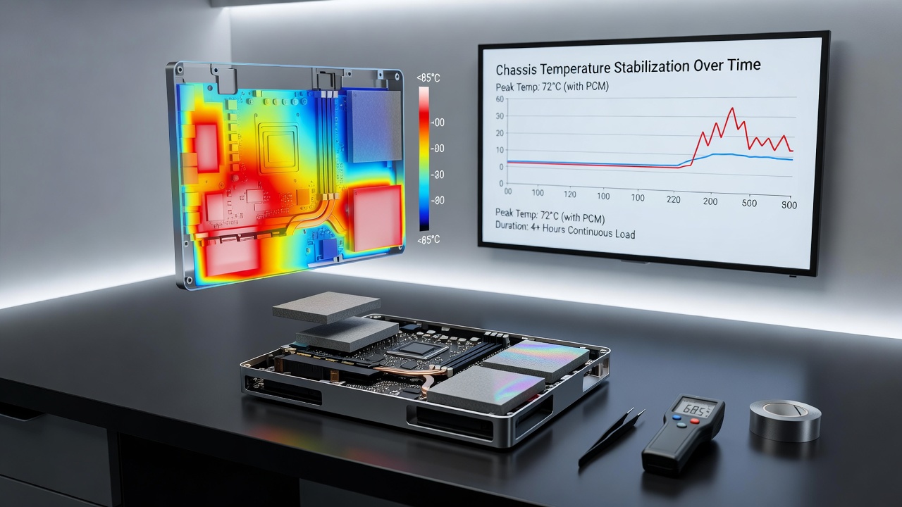 Thermal imaging comparison showing chassis temperature distribution in compact consoles with and without phase change material inserts during extended gaming sessions