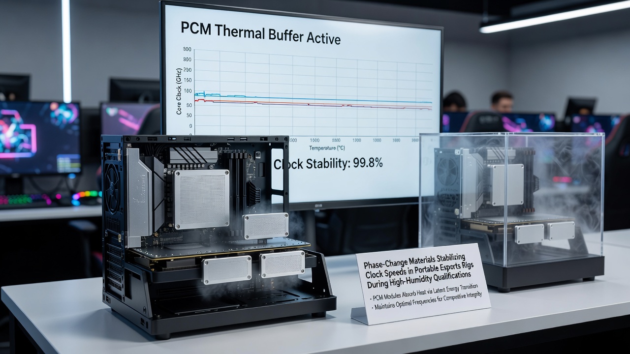 Close-up of phase-change material layer applied to a portable gaming laptop motherboard during humidity-controlled testing