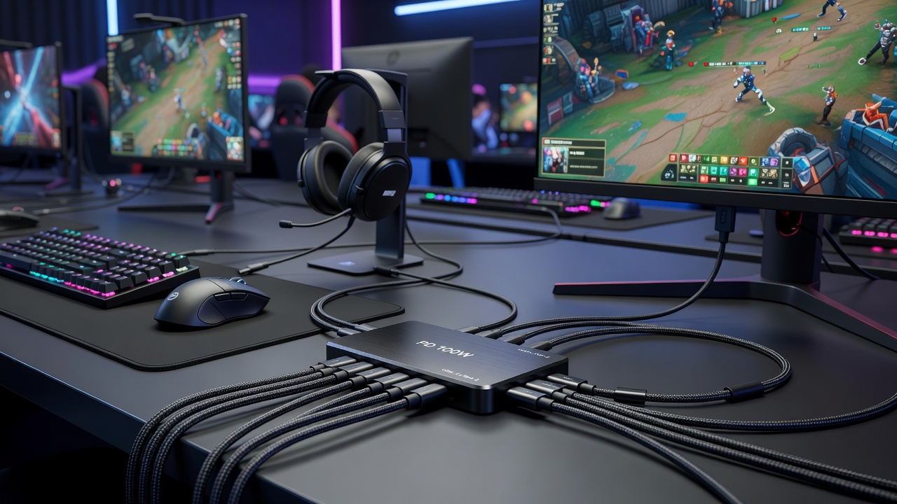 USB-C gaming peripherals connected in a streamlined tournament setup with minimal cables