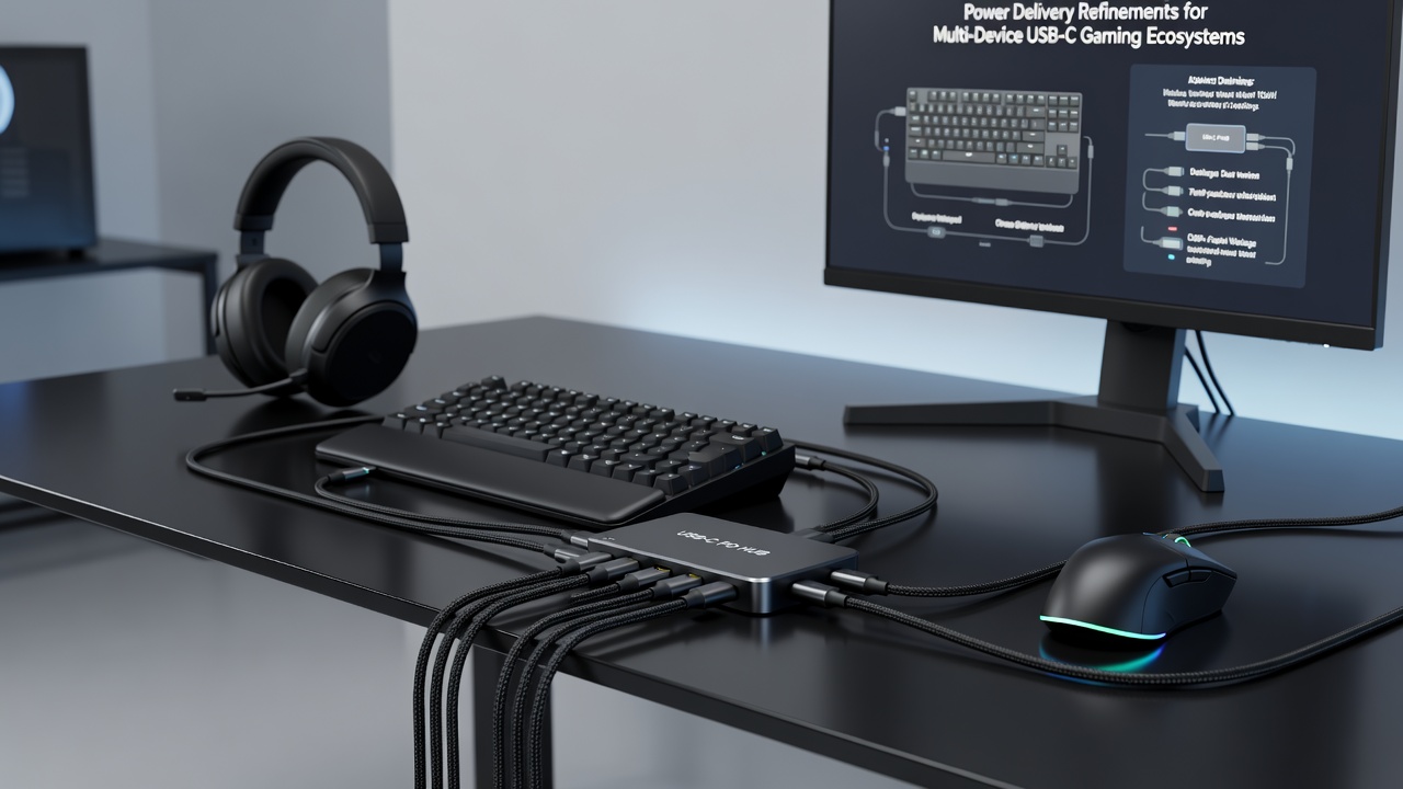 Close-up of USB-C connections on gaming peripherals showing integrated power and data routing