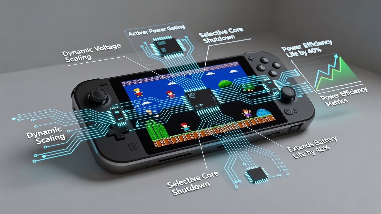 Portable emulation device showing internal power management components during classic game emulation