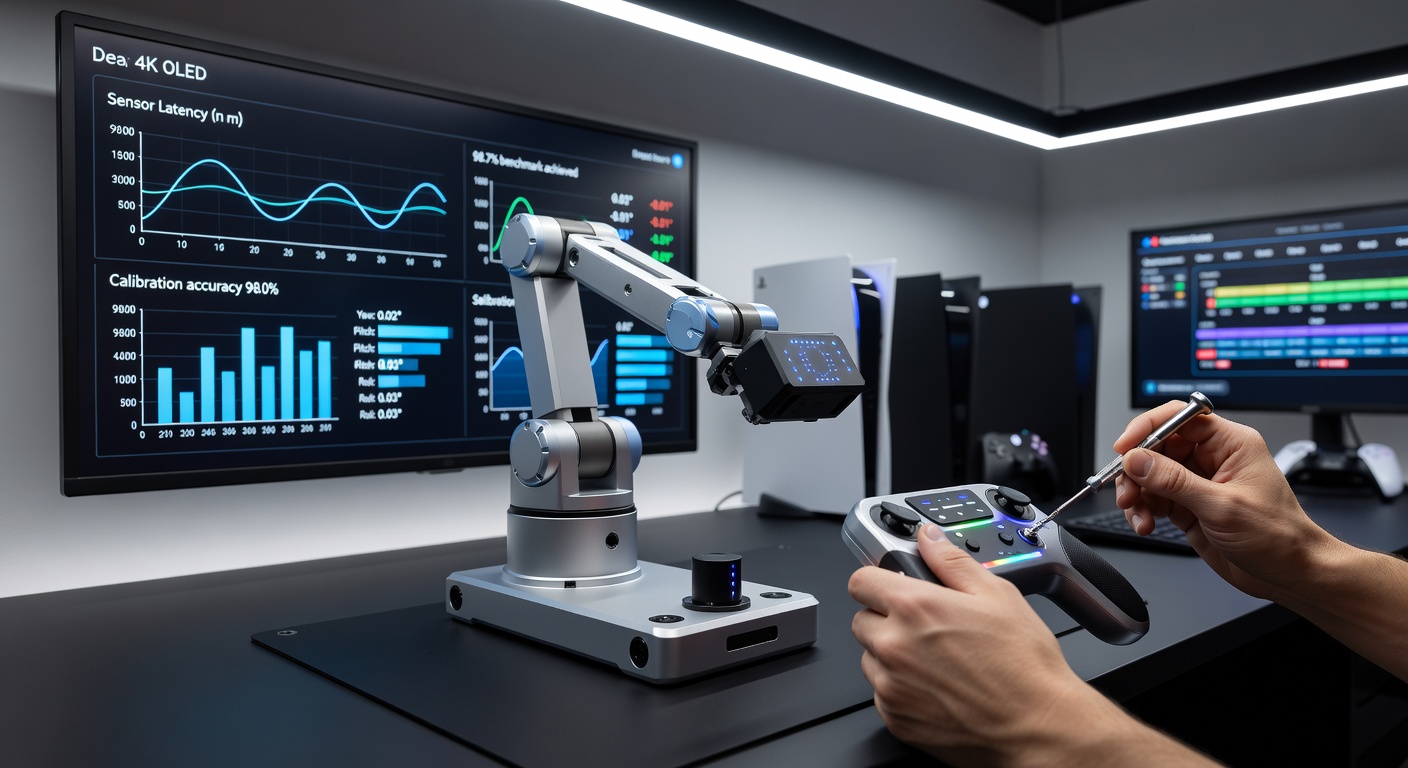 Technician performing precision calibration on motion sensors inside wireless console controllers used for rhythm game tournaments