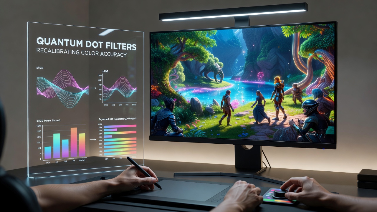Technician performing color recalibration on a quantum dot monitor in a game asset creation studio environment