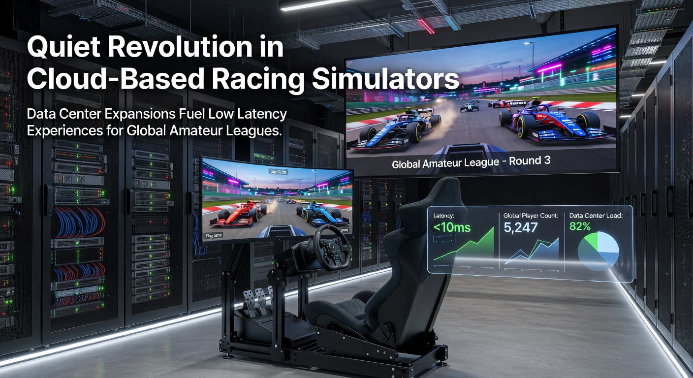 Cloud-based racing simulator interface showing real-time telemetry data from global amateur leagues connected through expanded data centers