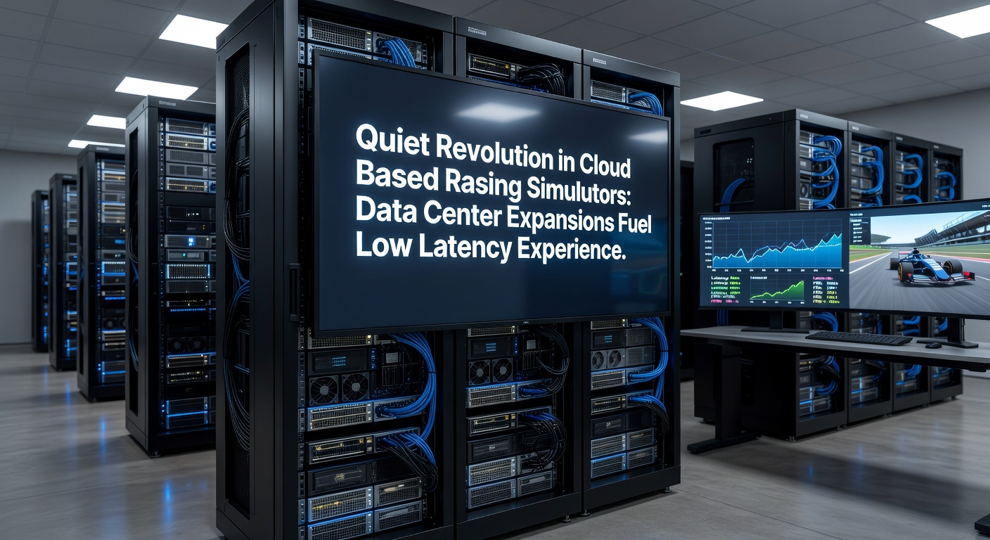 Data center server racks supporting cloud racing simulator infrastructure with low-latency networking equipment