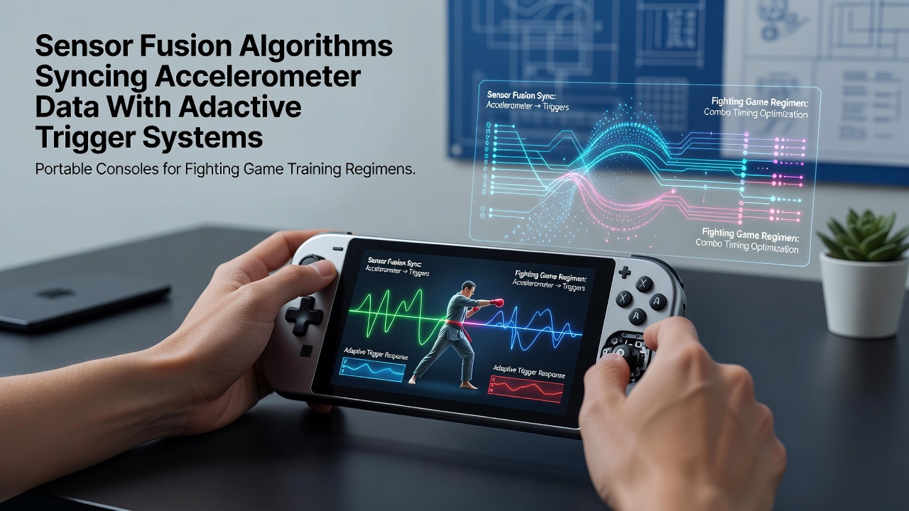 Portable console displaying sensor fusion interface for fighting game training with accelerometer overlays and adaptive trigger feedback