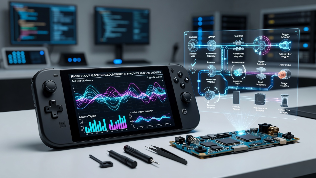 Close-up of adaptive trigger mechanism on portable console paired with motion sensor visualization during fighting game drill