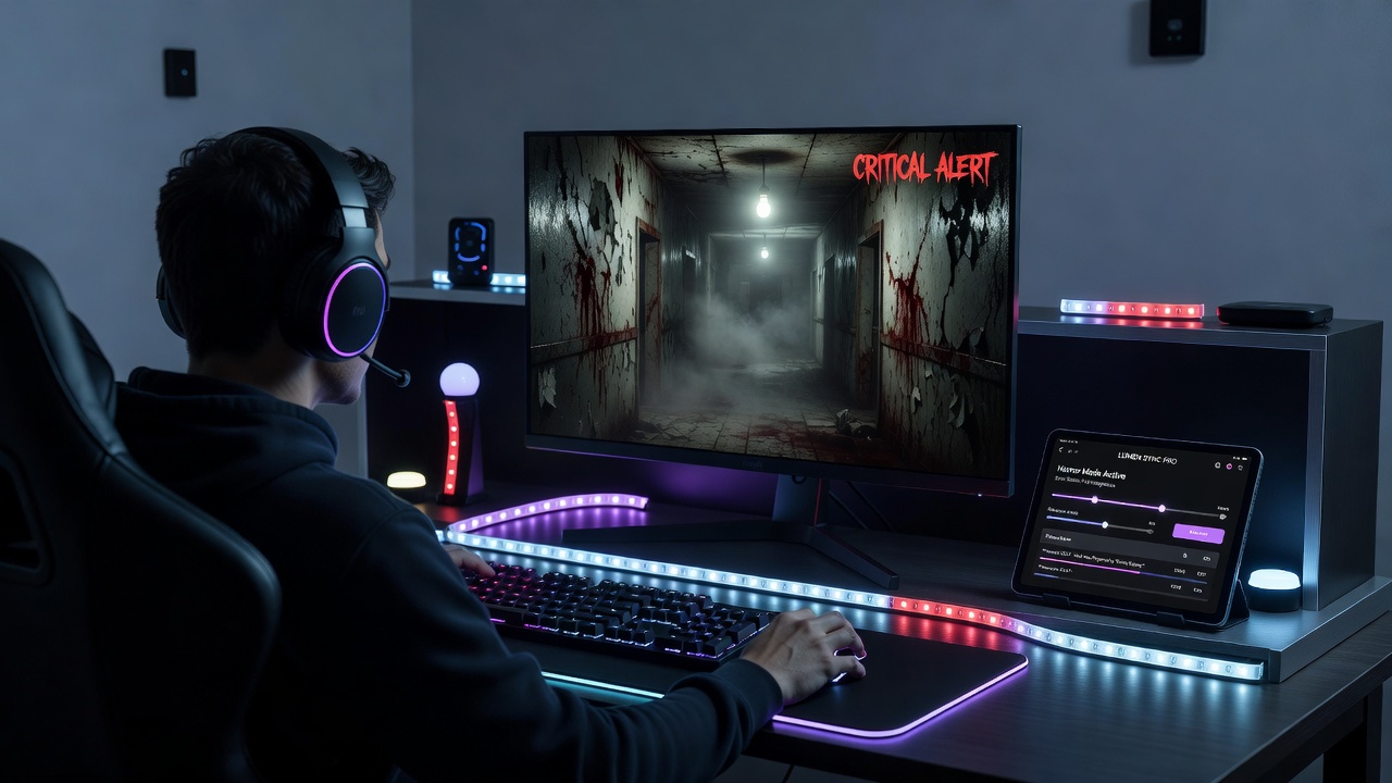 Close-up of Philips Hue bulbs changing hue to match a tense horror game moment on screen
