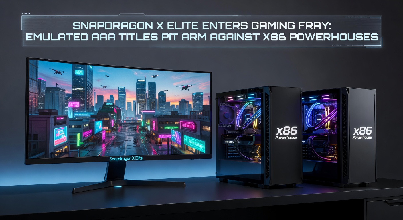 Snapdragon X Elite laptop running an emulated AAA game, showcasing high frame rates on a vibrant display