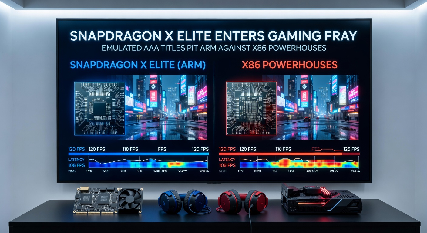 Benchmark charts comparing Snapdragon X Elite emulation performance against Intel and AMD x86 chips in AAA games like Cyberpunk 2077 and Starfield