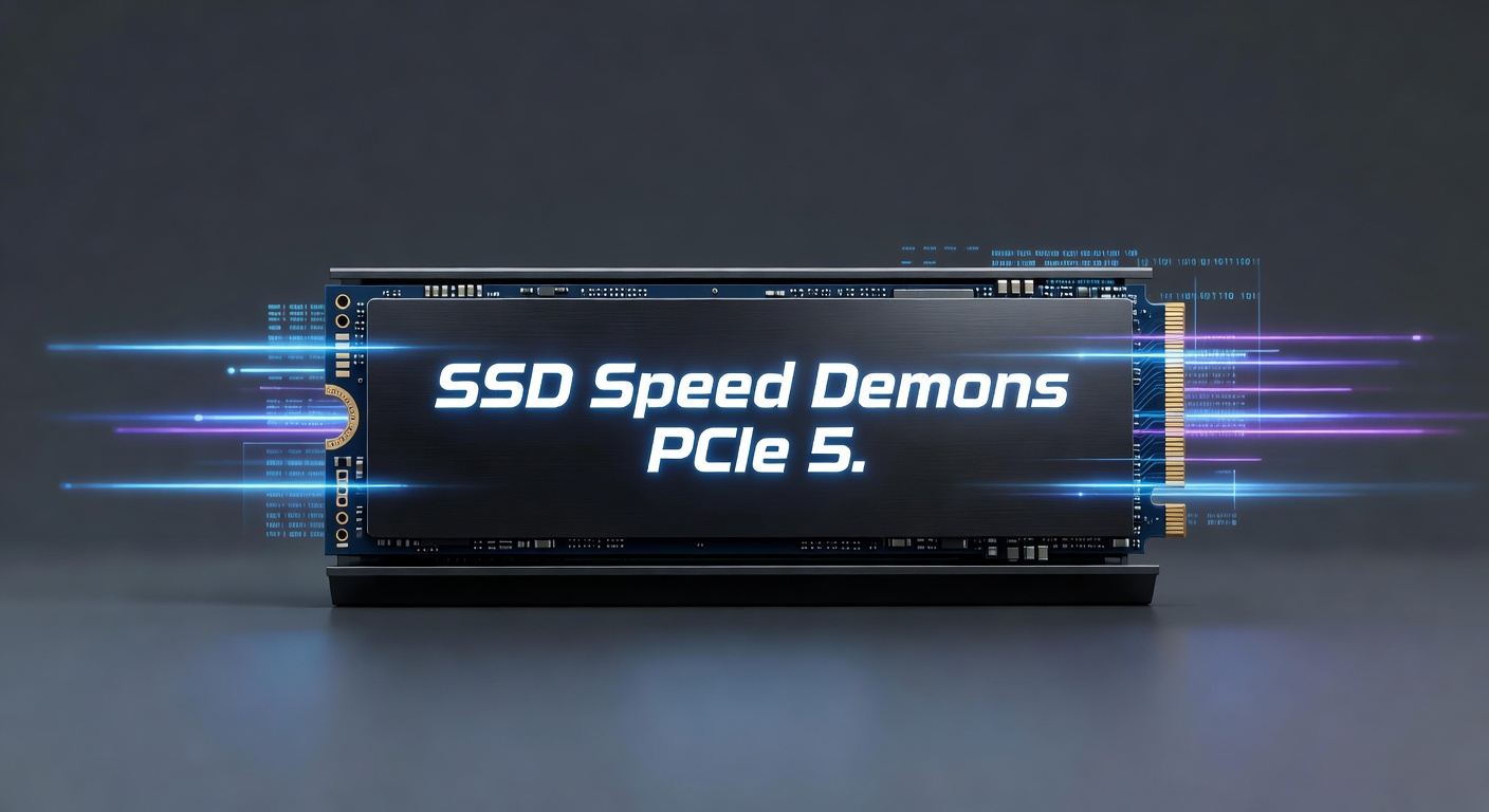 PCIe 5.0 SSD mounted on a motherboard with glowing heatsink, showcasing high-speed data transfer lanes