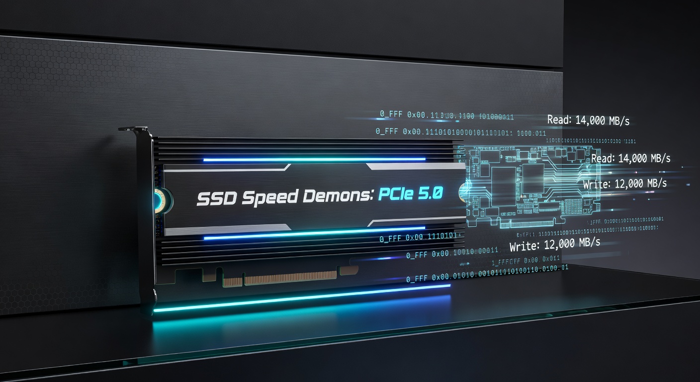 Benchmark graph comparing PCIe 5.0 SSD sequential speeds against PCIe 4.0, with bars reaching over 14GB/s